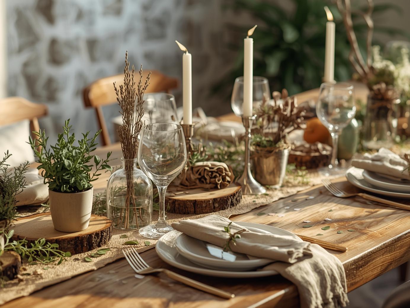 Vackert dukat bord med hållbara dekorationer
